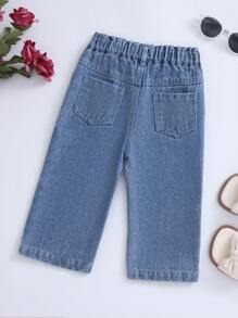 口袋 紙袋褲腰純色嬰童（女）牛仔 - 中等水洗藍 - 查看 2