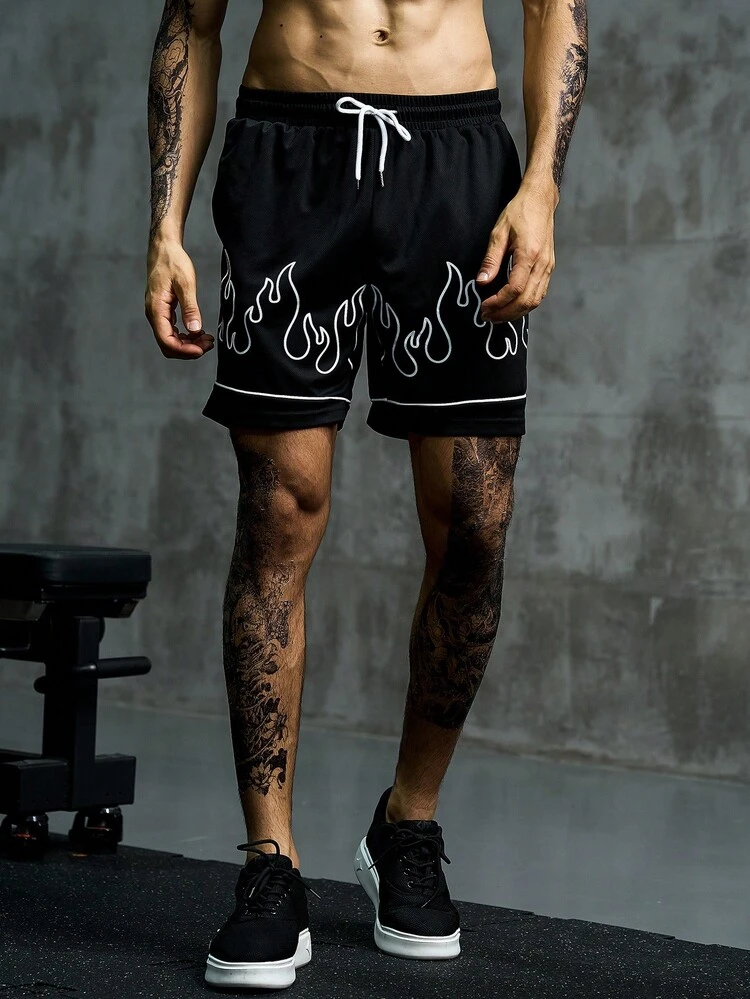 Manfinity Sport Corelite Men Fire Print Drawstring Waist Sports Shorts - Black - View 4