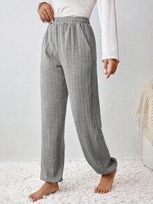 SHEIN LUNE Solid Slant Pocket Elastic Waist Sweatpants - Grey - View 3