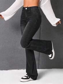 SHEIN EZwear Washed Flared Jeans - Black - View 6