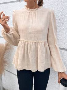 SHEIN Essnce Của phụ nữ Áo sơ mi Với Nếp uốn Vòng cổ Và Xù Hoa Sen - Màu be - Xem 4