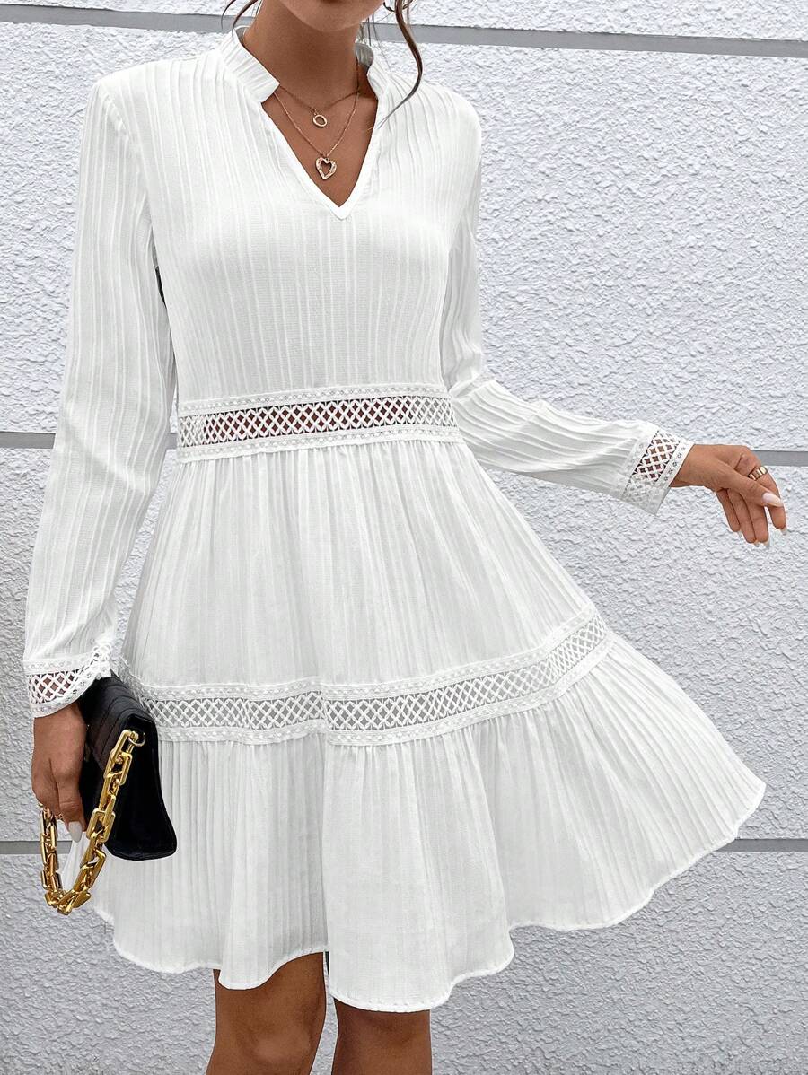 SHEIN VCAY 女式荷葉邊下擺連身裙 - 白色 - 查看 1