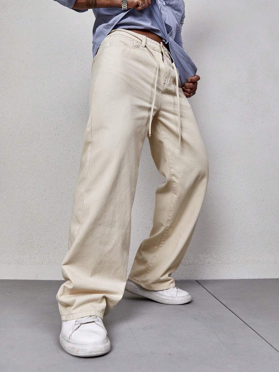 Manfinity Hypemode Men Drawstring Waist Straight Leg Jeans - Khaki - View 1