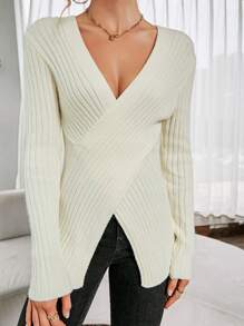 SHEIN Clasi Jersey de punto acanalado cruzado para otoño e invierno - Albaricoque - Ver 5