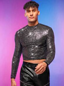 FeverCity 男士小高領亮片T恤 - 黑色 - 查看 1