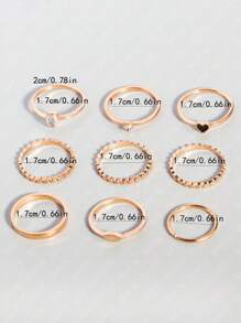 SHEIN Belle 9 cái Heart & Rhinestone Decor Ring - Vàng - Xem 3