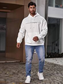 Manfinity Men Plus Letter Graphic Kangaroo Pocket Drawstring Hoodie - White - View 6