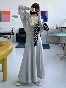 DAZY 字母圖案蝙蝠袖套頭衫&半身裙