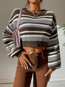 SHEIN Unity Striped Pattern Lantern Sleeve Crop Sweater - Multicolor - View 6