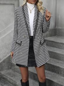 SHEIN LUNE Houndstooth Print Shawl Collar Contrast Binding Blazer - Black - View 3