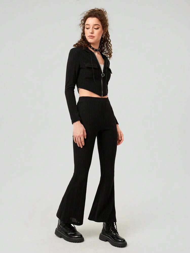 Women's Zipper Closure Drawstring Jacket And Flare Pants Two Piece Set