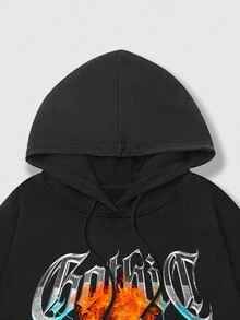 ROMWE MEN Street Life Hombres Capucha con estampado de slogan y figura con cordón - Negro - Ver 4