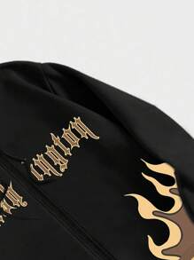 ROMWE MEN Street Life 男士火和字母圖案拉鏈開襟抽繩加絨內裏連帽衫 - 黑色 - 查看 3