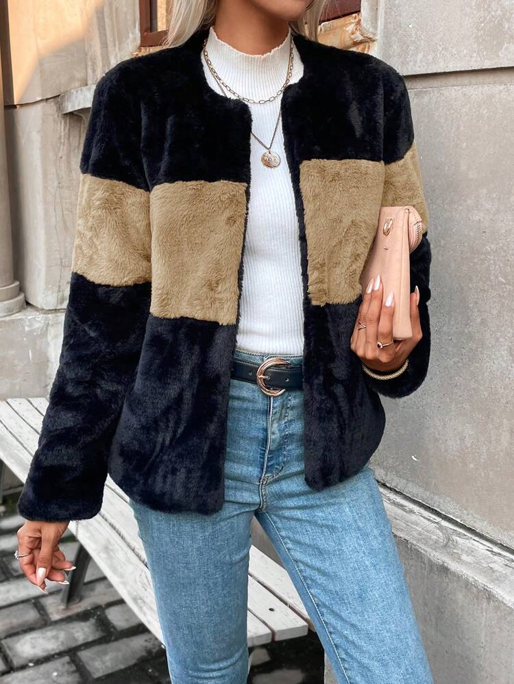Color Block Open Front Fuzzy Coat Fall Cloth For Women
