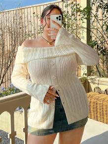 SHEIN CURVE+ Plus Foldover Off Shoulder Flare Sleeve Button Front Sweater Knit Pullover Fall Winter Outfit
