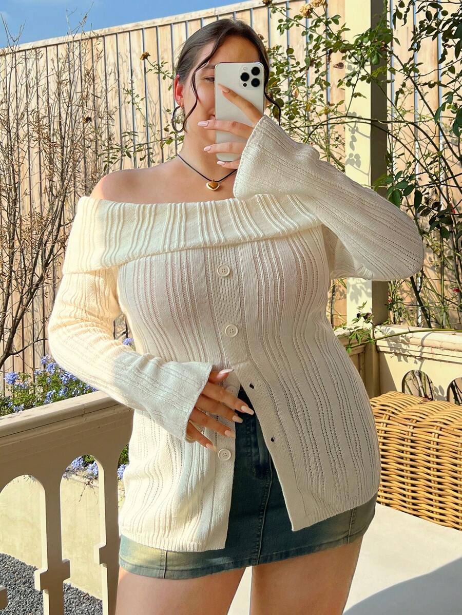 SHEIN CURVE+ Plus Foldover Off Shoulder Flare Sleeve Button Front Sweater Knit Pullover Fall Winter Outfit