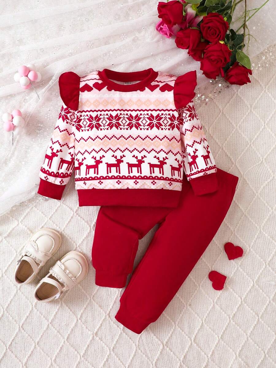 Baby Girl Heart And Geo Print Ruffle Trim Sweatshirt & Sweatpants - Red - View 1