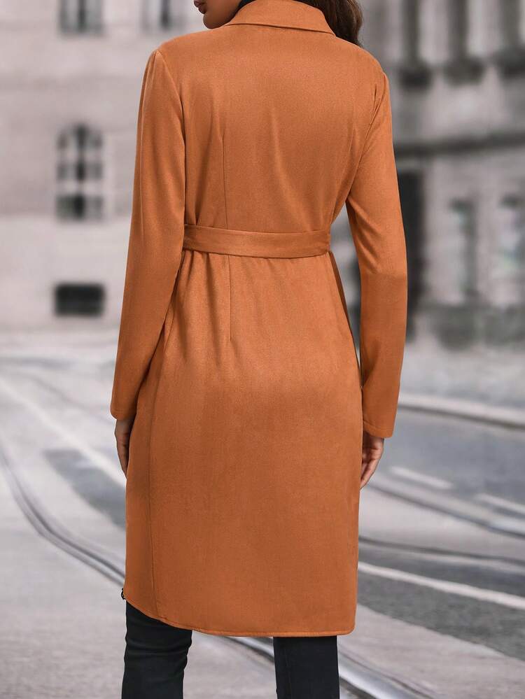Shawl Collar Wrap Knot Side Faux Suede Dress Fall Cloth For Women