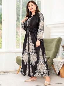 Plus Size Floral Print Belted Dress With Belt - Black - View 2