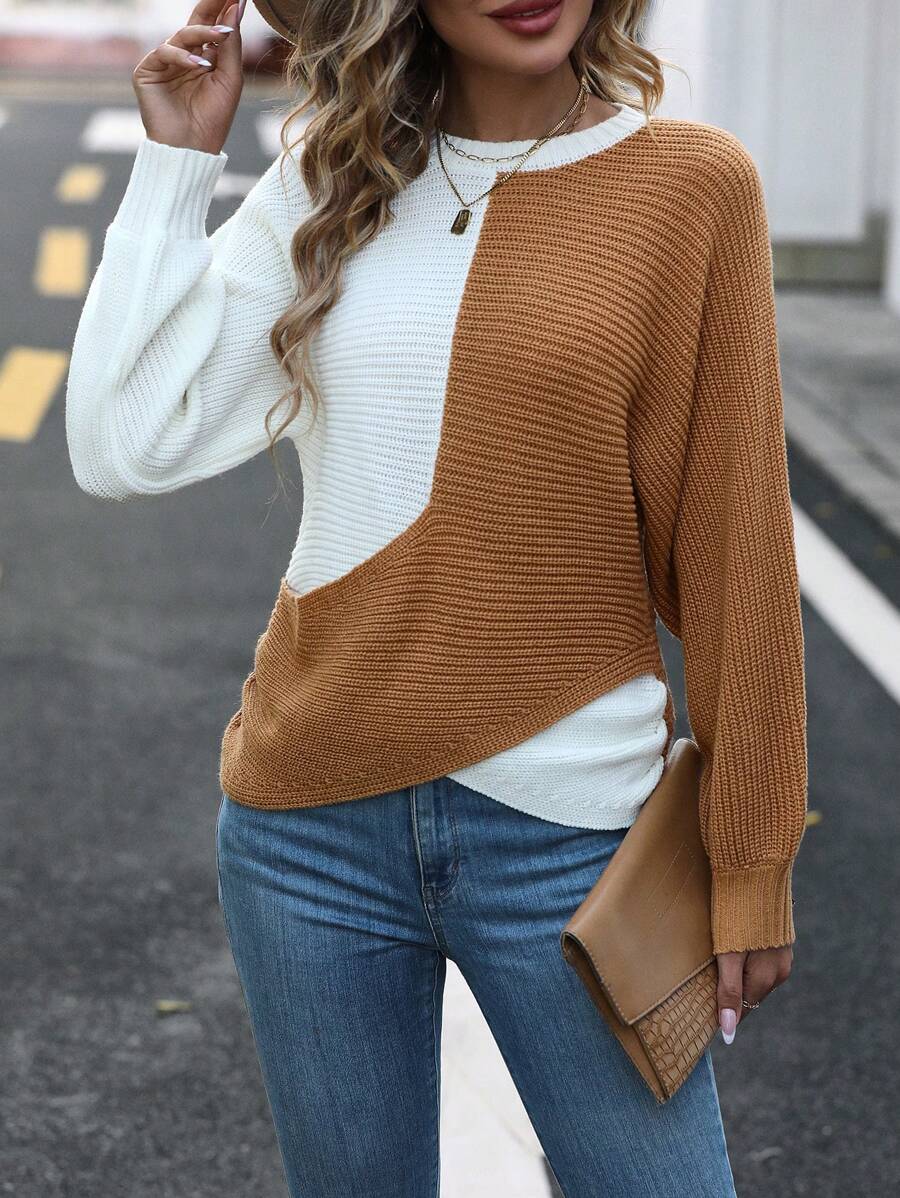 Chiquease Two Tone Batwing Sleeve Asymmetrical Hem Knit Pullover Fall Winter Sweater - Camel - View 1