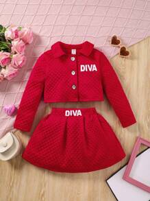 SHEIN Young Girl Letter Graphic Button Front Jacket & Pleated Skirt - Red - View 1