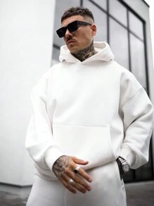 Men Kangaroo Pocket Drop Shoulder Hoodie, Fall, Long Sleeve Top - White - View 3