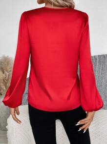 SHEIN Privé Chain Detail Lantern Sleeve Satin Blouse - Red - View 2