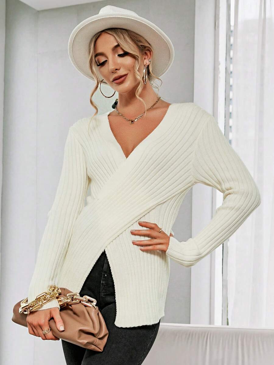 SHEIN Clasi Crossover Ribbed Knit Pullover Fall Winter Sweater - Apricot - View 1