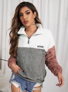 Muchica Embroidery Letter Colorblock Teddy Half Placket Pullover,Long Sleeve Tops In Fall/Winter - Multicolor - View 1