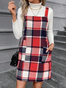 SHEIN LUNE 格紋印花雙口袋背帶洋裝無毛衣 - 紅色 - 查看 6