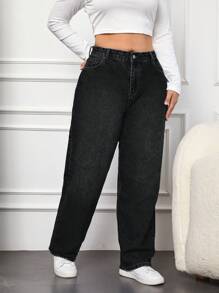 SHEIN Cottnline Plus Size Solid Color Jeans - Black - View 5