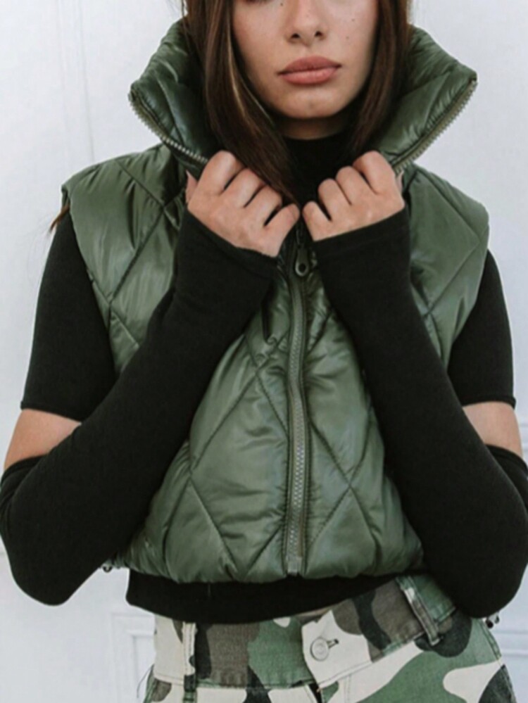 Áo khoác đệm ngắn không tay cho nữ - xanh quân đội - Xem 1