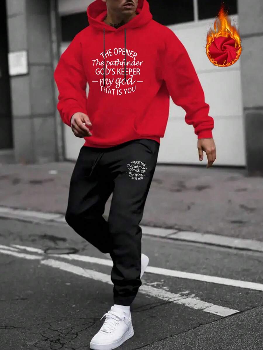 Manfinity Homme Men Slogan Graphic Kangaroo Pocket Drawstring Hoodie & Sweatpants - Multicolor - View 1