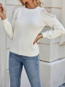Chiquease 蕾絲拼接鏤空插肩袖套頭毛衣 - 白色 - 查看 4