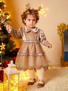 蕾絲拼接 網拼接 多層分層純色嬰童（女）洋裝