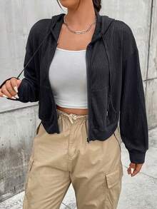 Flirla 加大码拉链落肩抽绳卫衣 - 黑色 - 查看 3