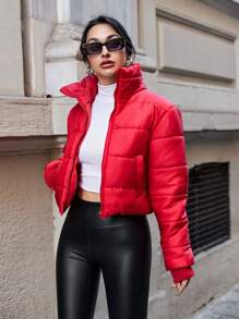 EURMUSE Women'S Red Zipper Stand Collar Short Padded Jacket - Red - View 5