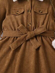 SHEIN 女小童羊絨領口翻蓋細節繫腰帶洋裝