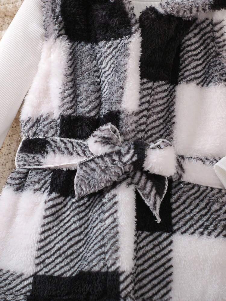 Young Girl 1pc Buffalo Plaid Print Hooded Belted Teddy Vest Coat & 1pc Leggings & 1pc Tee