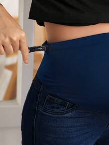 SHEIN 孕婦寬帶腰部媽媽適合牛仔褲 - 深色水洗藍 - 查看 6