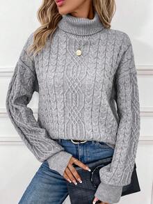 SHEIN LUNE Turtleneck Cable Knit Drop Shoulder Sweater - Grey - View 6