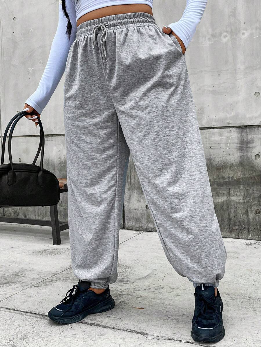 Flirla Plus Drawstring Waist Slant Pocket Sweatpants - Light Grey - View 1