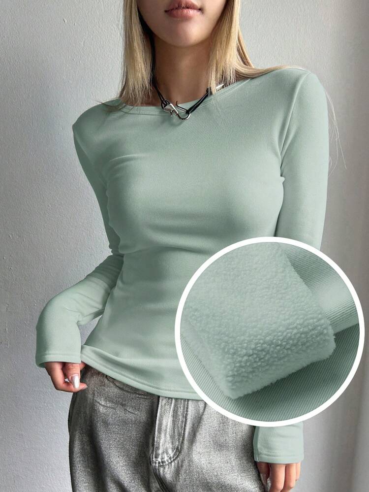 Solid Round Neck Thermal Tee Long Sleeve Women Tops,Thermal Lined