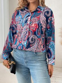 SHEIN Franclia Hơn In hoa Paisley Nút phía trước Áo sơ mi - Màu xanh hải quân - Xem 5