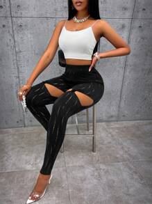 SHEIN Slayr 鏤空網眼針織緊身打底褲 - 黑色 - 查看 6