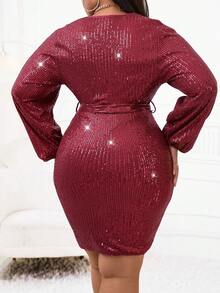 SHEIN BAE Plus Lantern Sleeve Belted Sequin Bodycon Dress - Burgundy - View 3