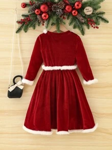SHEIN Cô Gái Trẻ Trang trí Fuzzy Viền không đối xứng Nhung Đầm - Đỏ - Xem 2