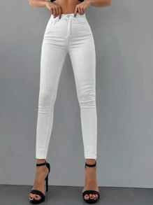 SHEIN Cottnline Jeans ajustados unicolor con cremallera - Beis - Ver 5