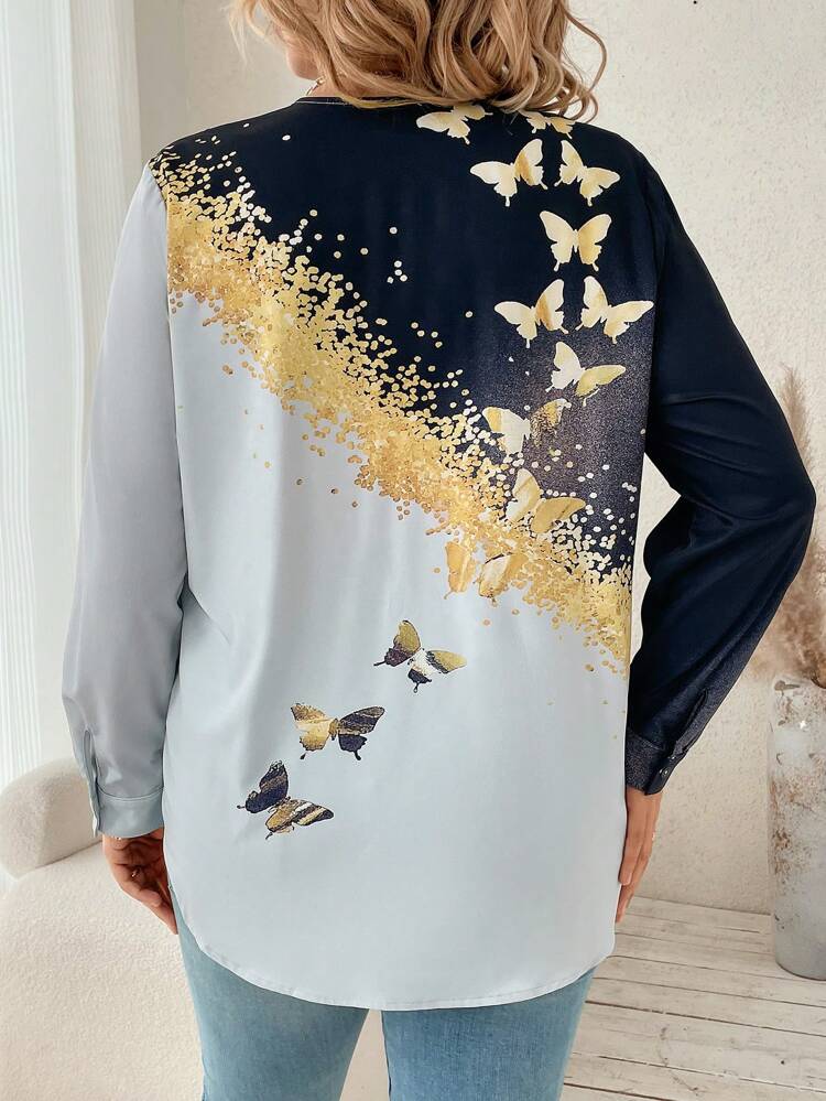 Plus Butterfly Print Rolled Tab Sleeve Half Zip Blouse