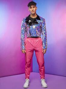 FeverCity Men Holographic Geo Biker Jacket - Pink - View 4